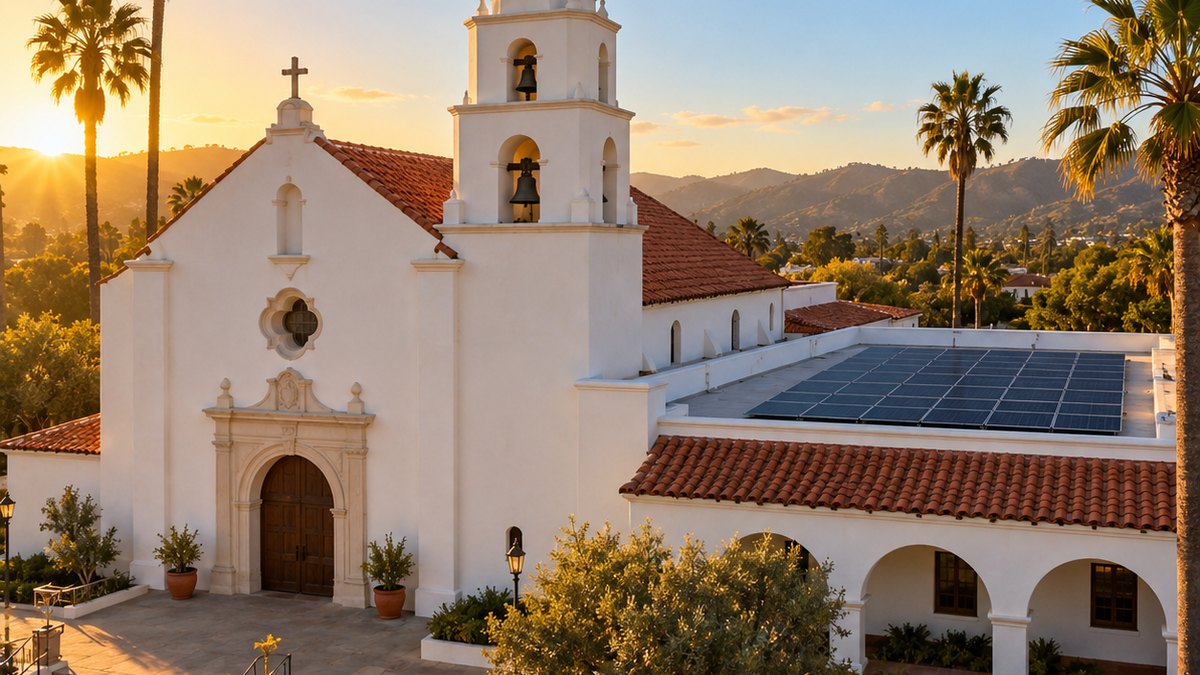Mission-style church in Southern California with a solar array on the roof