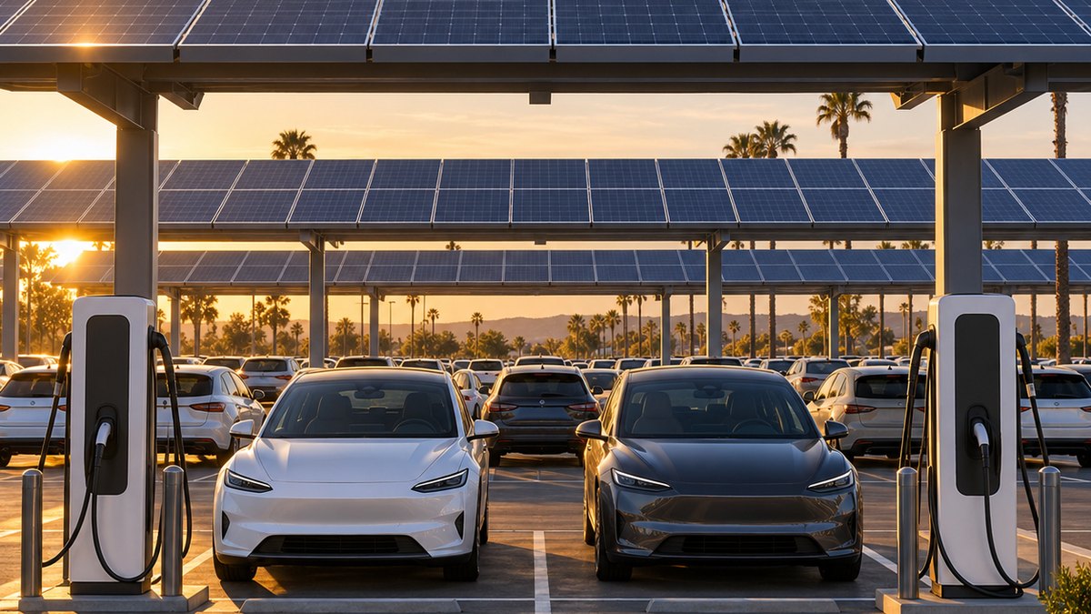 Car dealership lot with solar canopies over parked cars and EV chargers