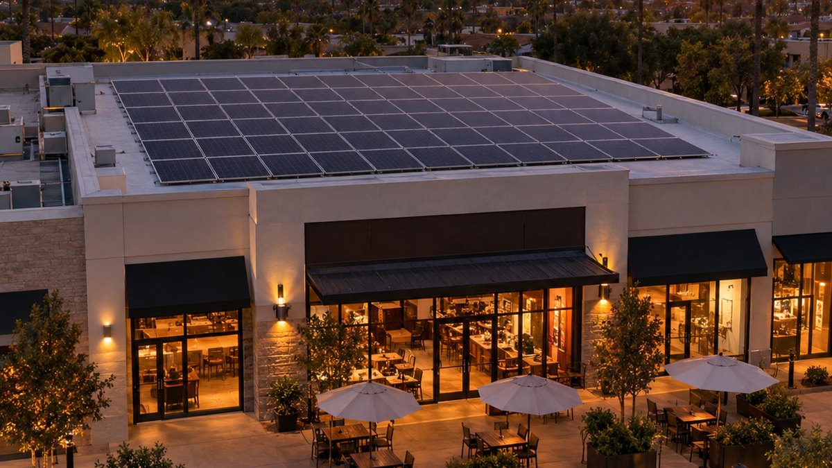 Southern California retail center and restaurant patio at dusk with solar panels on the flat roof