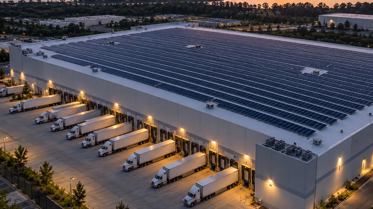Cold storage warehouse with a large rooftop solar array and trucks at the loading docks at dusk